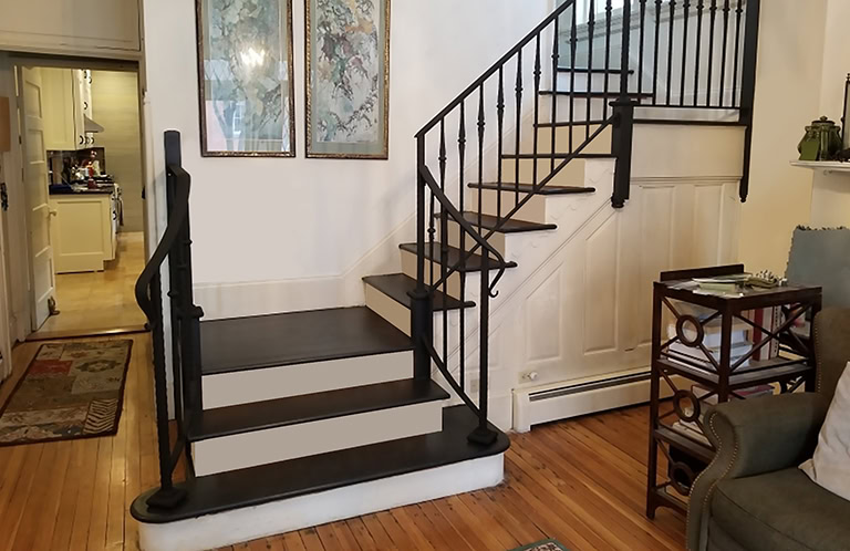 black steel decorative picket staircase railing