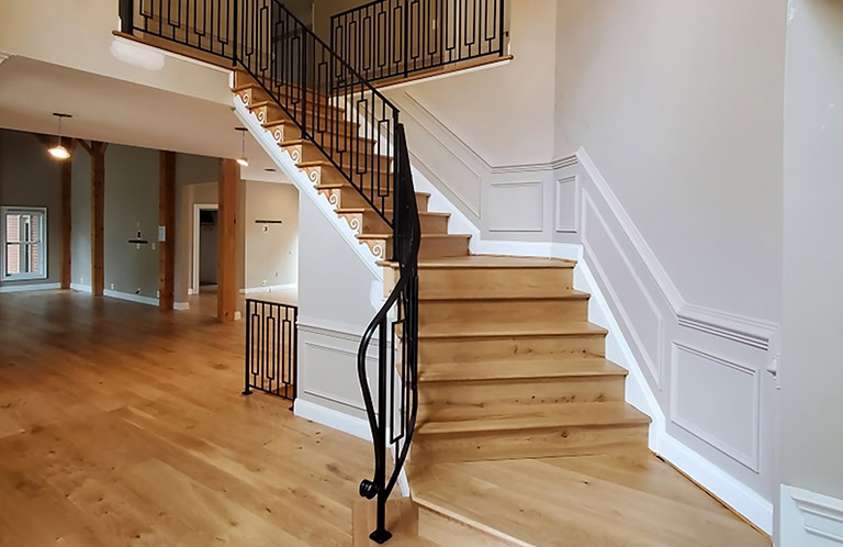 black steel rectangular picket staircase railing